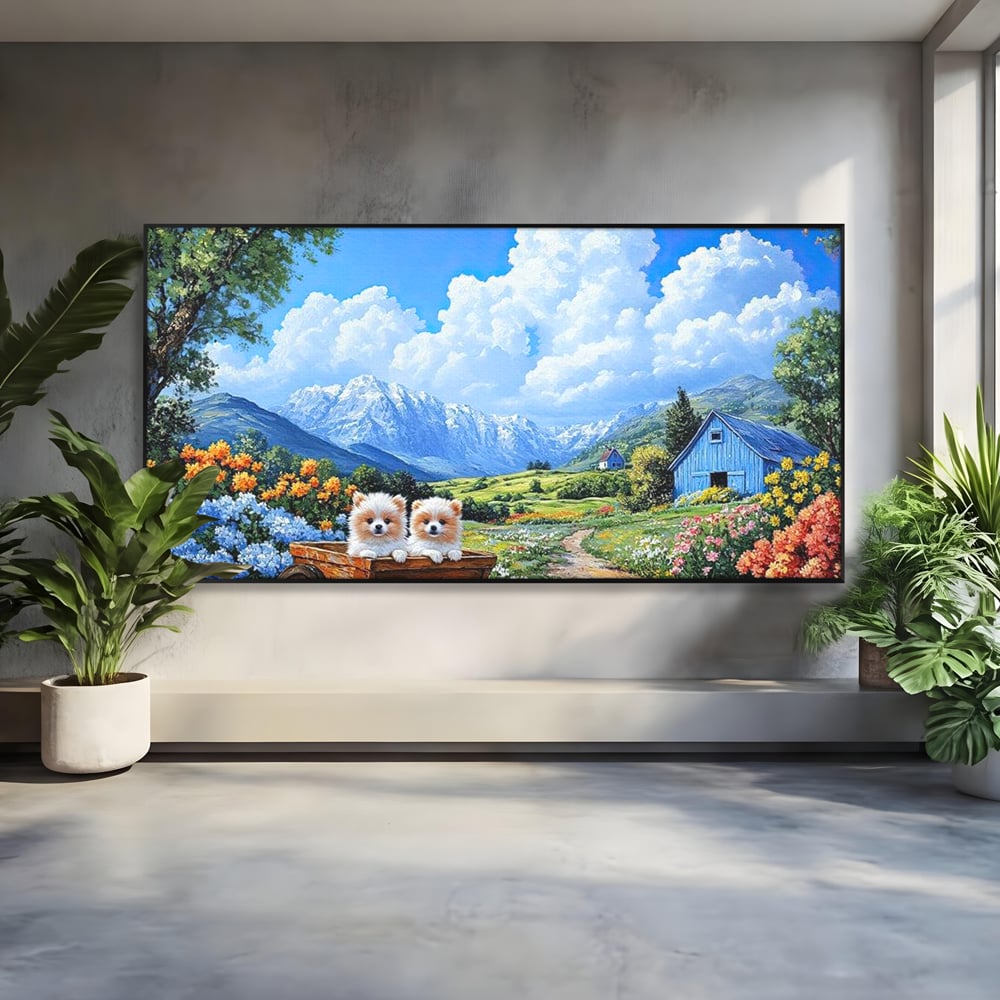Tablou canvas cu tablou canvas cu catei in caruta si munti, in rama de aluminiu negru